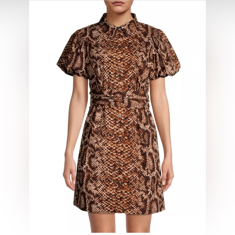 NWT Toccin Gabby Snake Puff Sleeve Belted Shirtdress Dress Animal Print